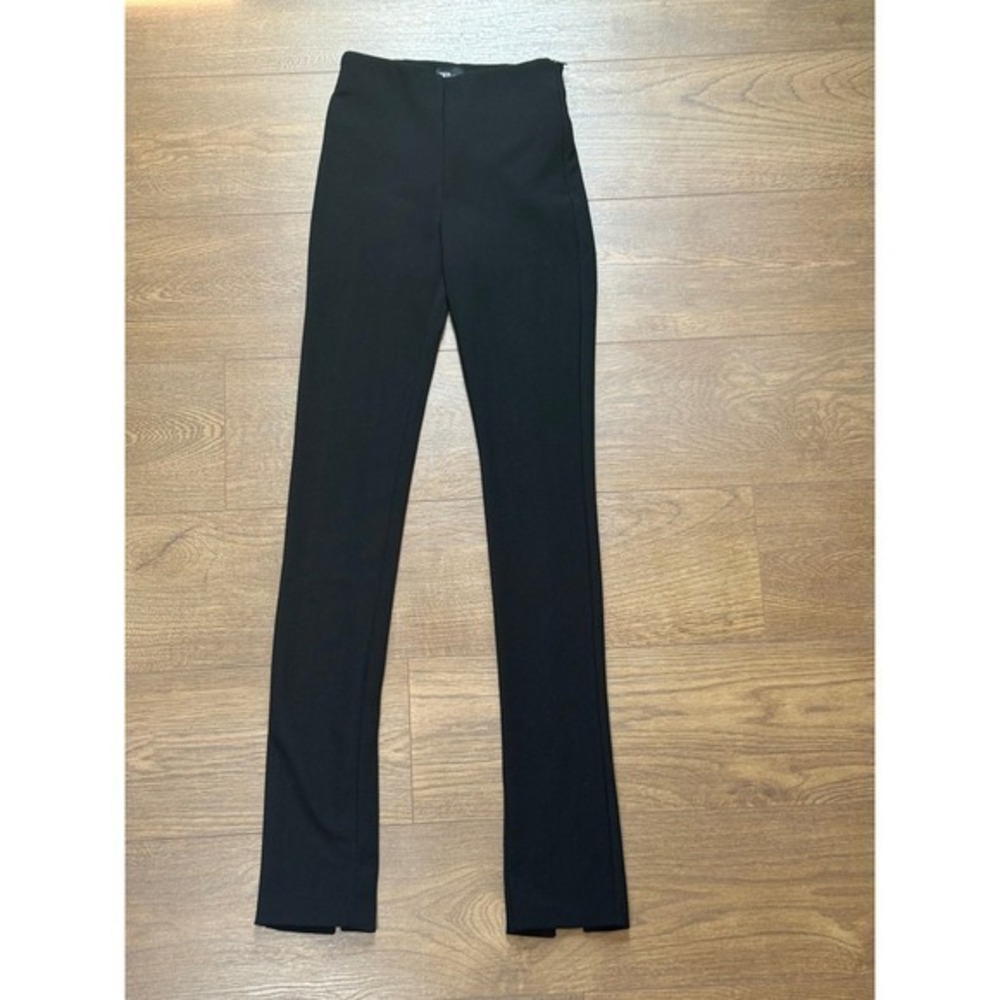 Zara Black High Waisted Ribbed Split Hem Leggings Side Zip Slim Fit XS